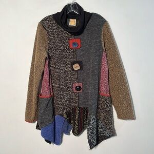 Hand Jive Wearable Art Lagenlook Artsy Cowl Neck Patchwork Handkerchief Tunic XS